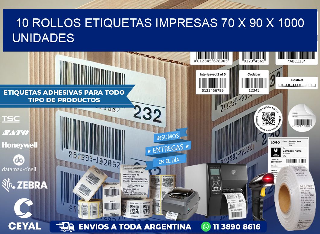 10 ROLLOS ETIQUETAS IMPRESAS 70 x 90 X 1000 UNIDADES