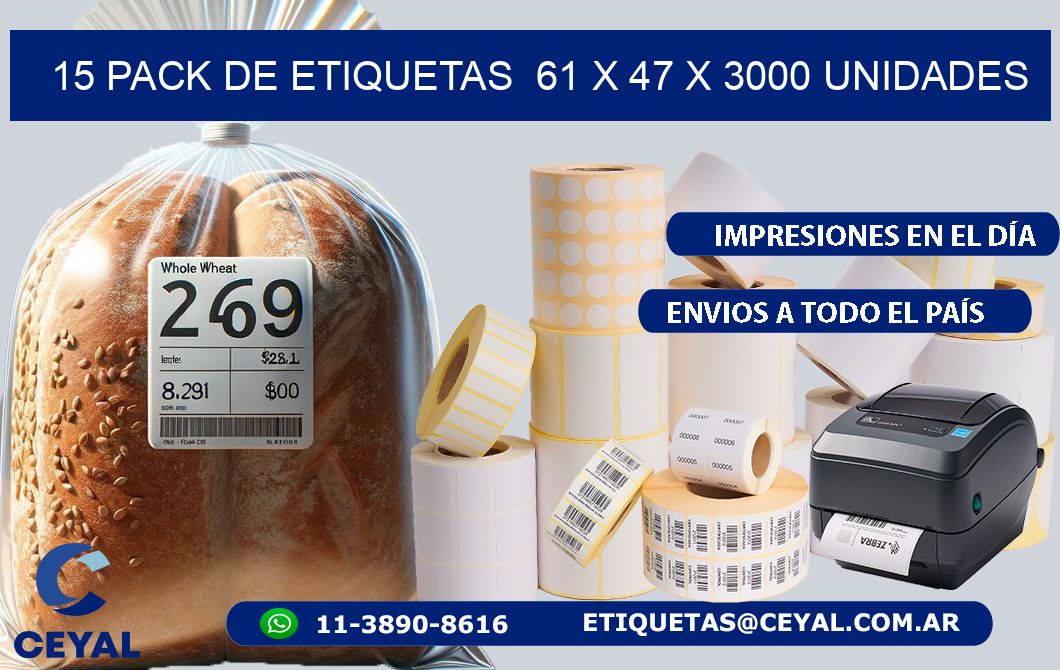 15 PACK DE ETIQUETAS  61 x 47 X 3000 UNIDADES