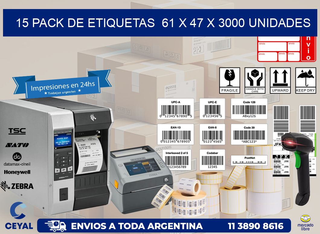 15 PACK DE ETIQUETAS  61 x 47 X 3000 UNIDADES