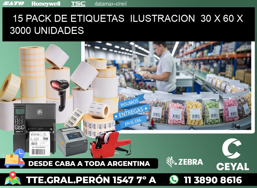 15 PACK DE ETIQUETAS  ILUSTRACION  30 x 60 X 3000 UNIDADES