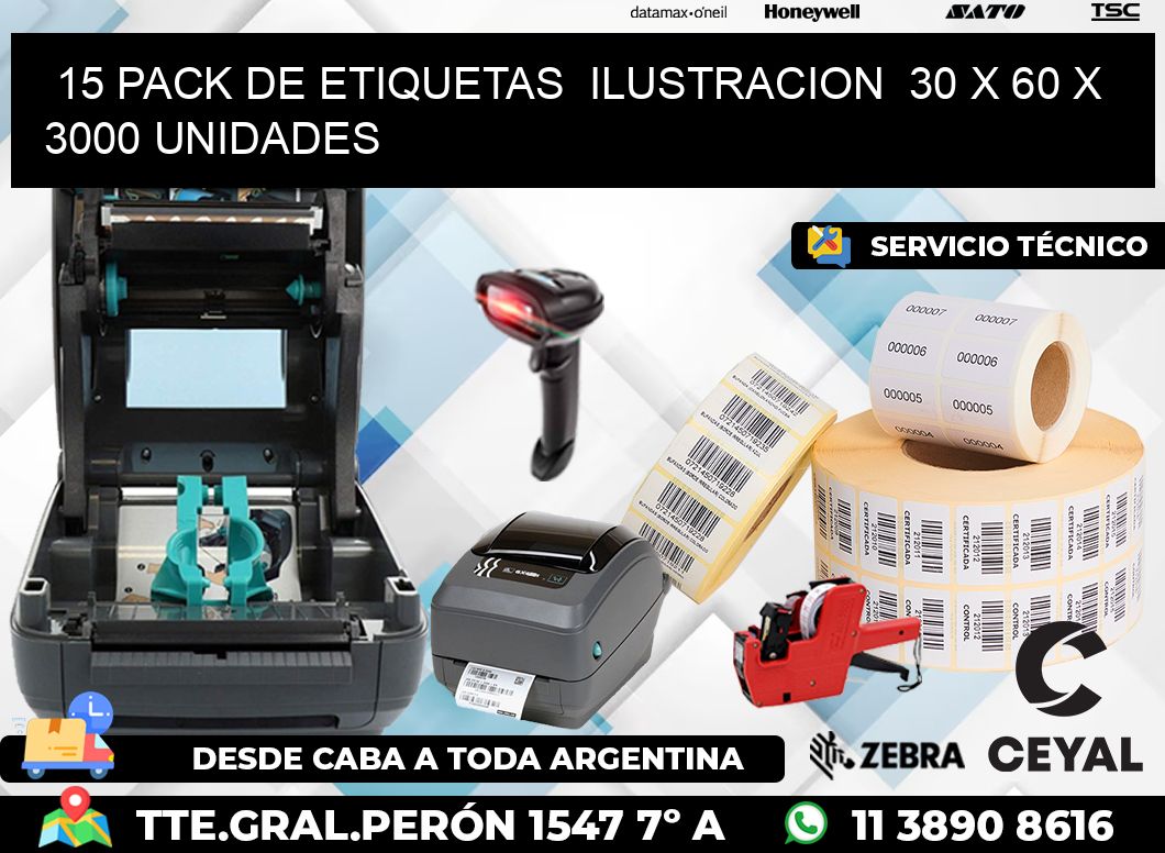 15 PACK DE ETIQUETAS  ILUSTRACION  30 x 60 X 3000 UNIDADES