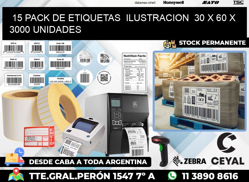 15 PACK DE ETIQUETAS  ILUSTRACION  30 x 60 X 3000 UNIDADES