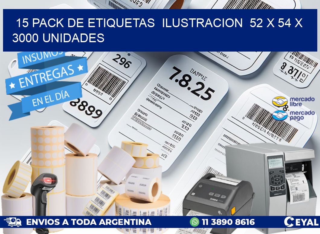 15 PACK DE ETIQUETAS  ILUSTRACION  52 x 54 X 3000 UNIDADES