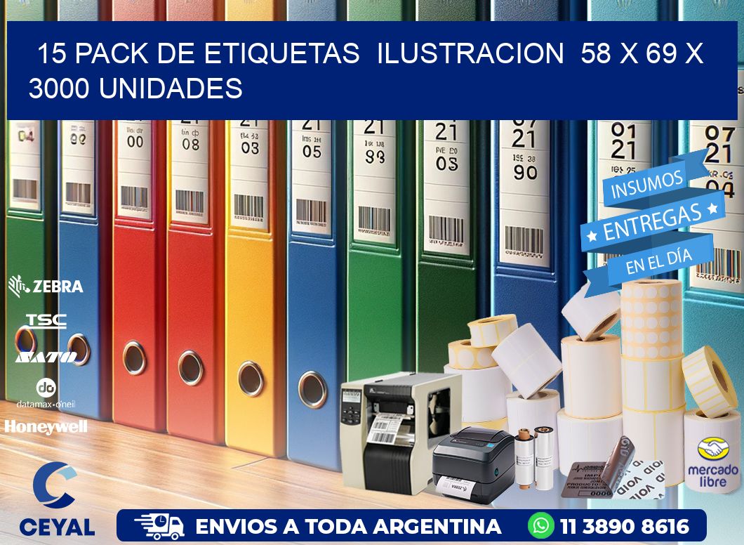 15 PACK DE ETIQUETAS  ILUSTRACION  58 x 69 X 3000 UNIDADES