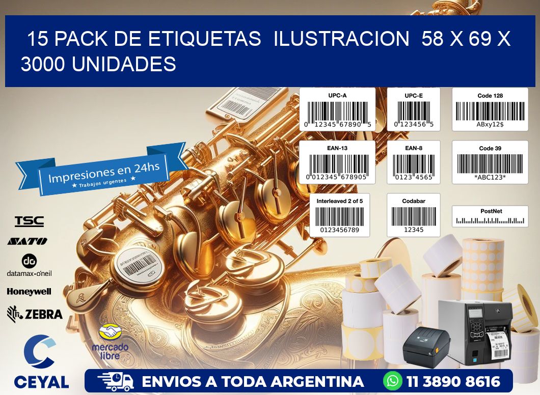 15 PACK DE ETIQUETAS  ILUSTRACION  58 x 69 X 3000 UNIDADES