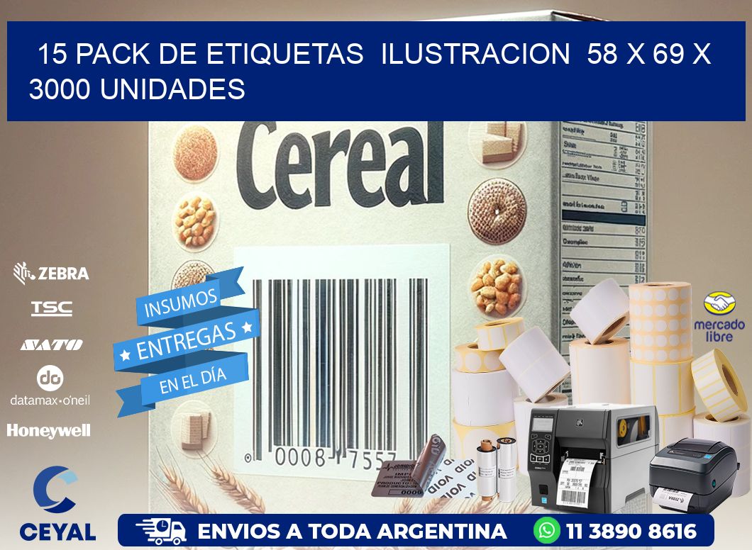 15 PACK DE ETIQUETAS  ILUSTRACION  58 x 69 X 3000 UNIDADES