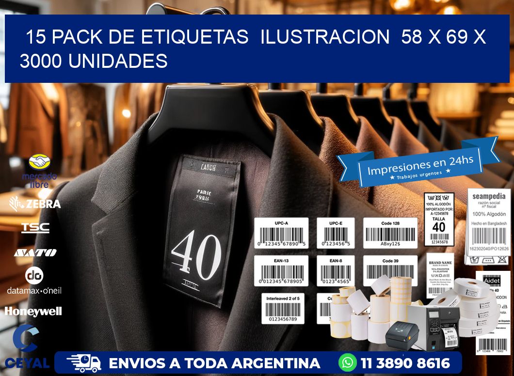 15 PACK DE ETIQUETAS  ILUSTRACION  58 x 69 X 3000 UNIDADES