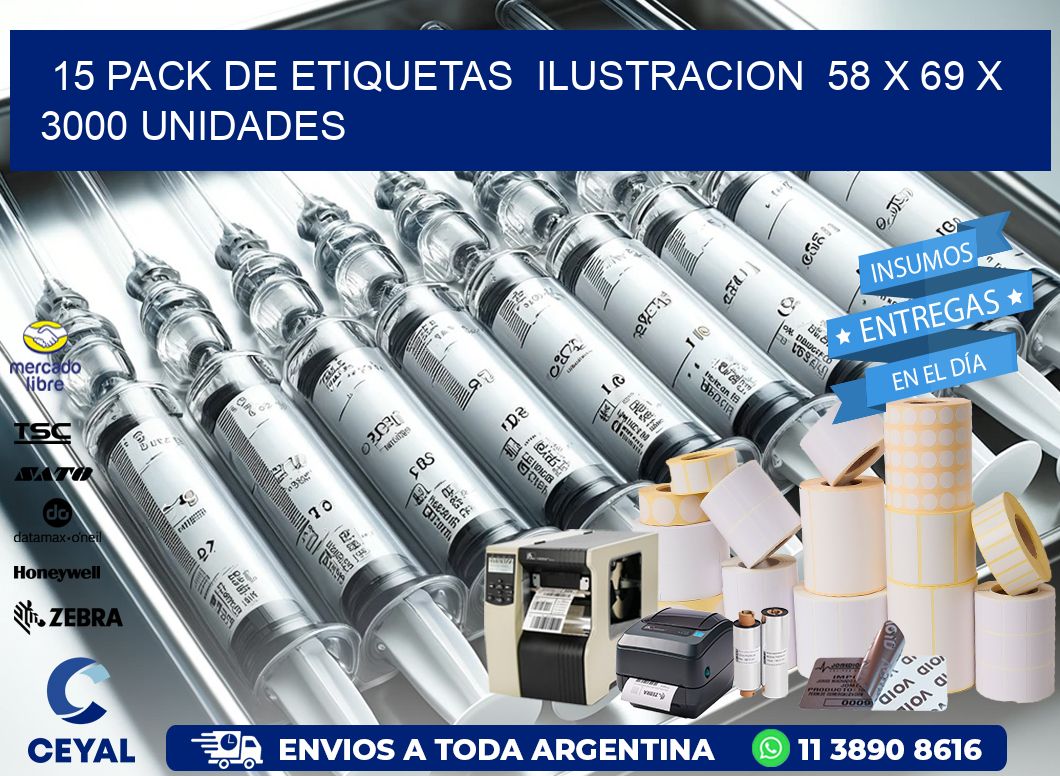 15 PACK DE ETIQUETAS  ILUSTRACION  58 x 69 X 3000 UNIDADES