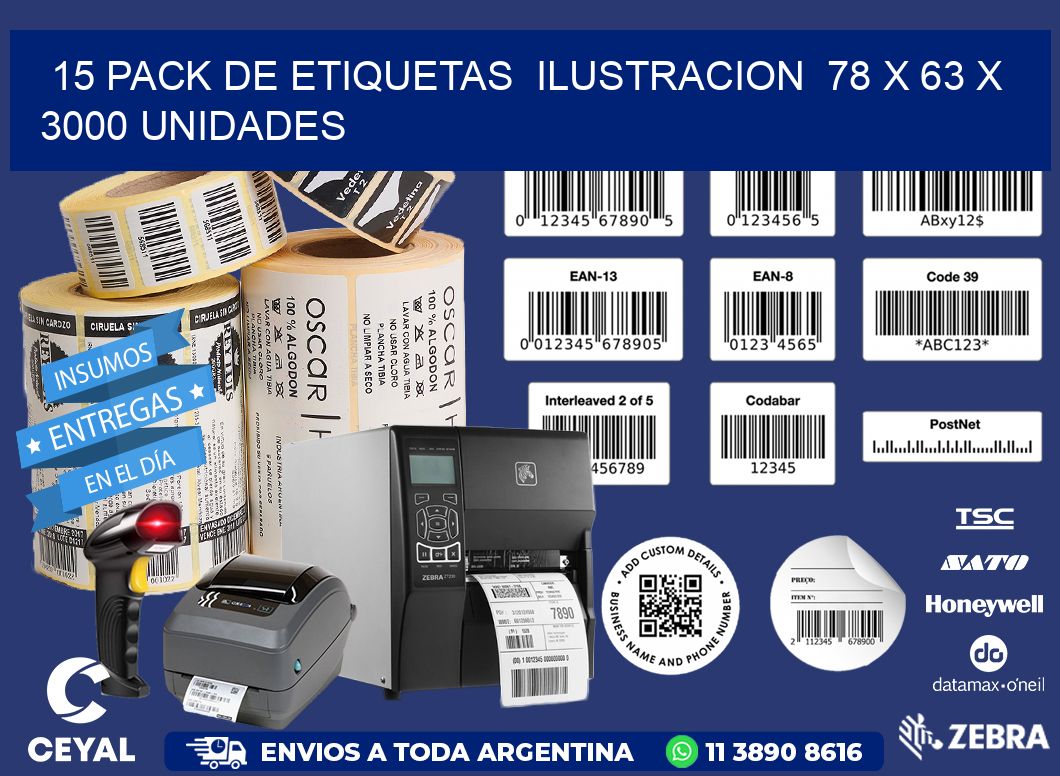 15 PACK DE ETIQUETAS  ILUSTRACION  78 x 63 X 3000 UNIDADES