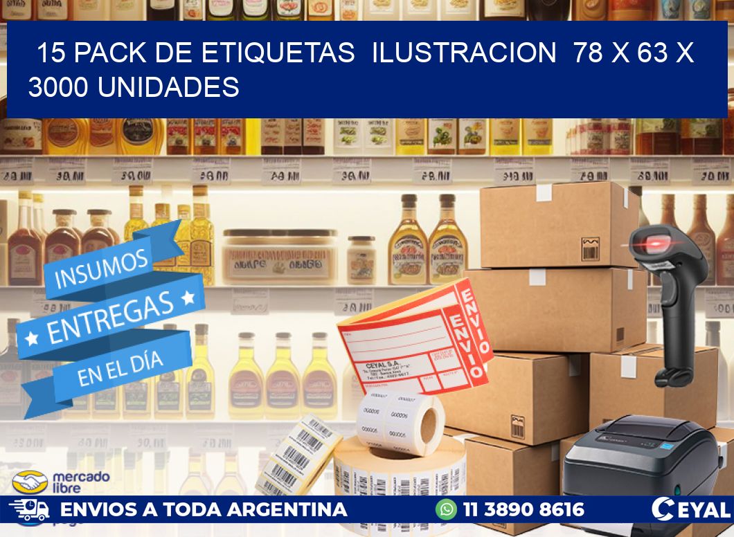 15 PACK DE ETIQUETAS  ILUSTRACION  78 x 63 X 3000 UNIDADES