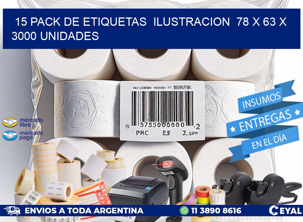 15 PACK DE ETIQUETAS  ILUSTRACION  78 x 63 X 3000 UNIDADES