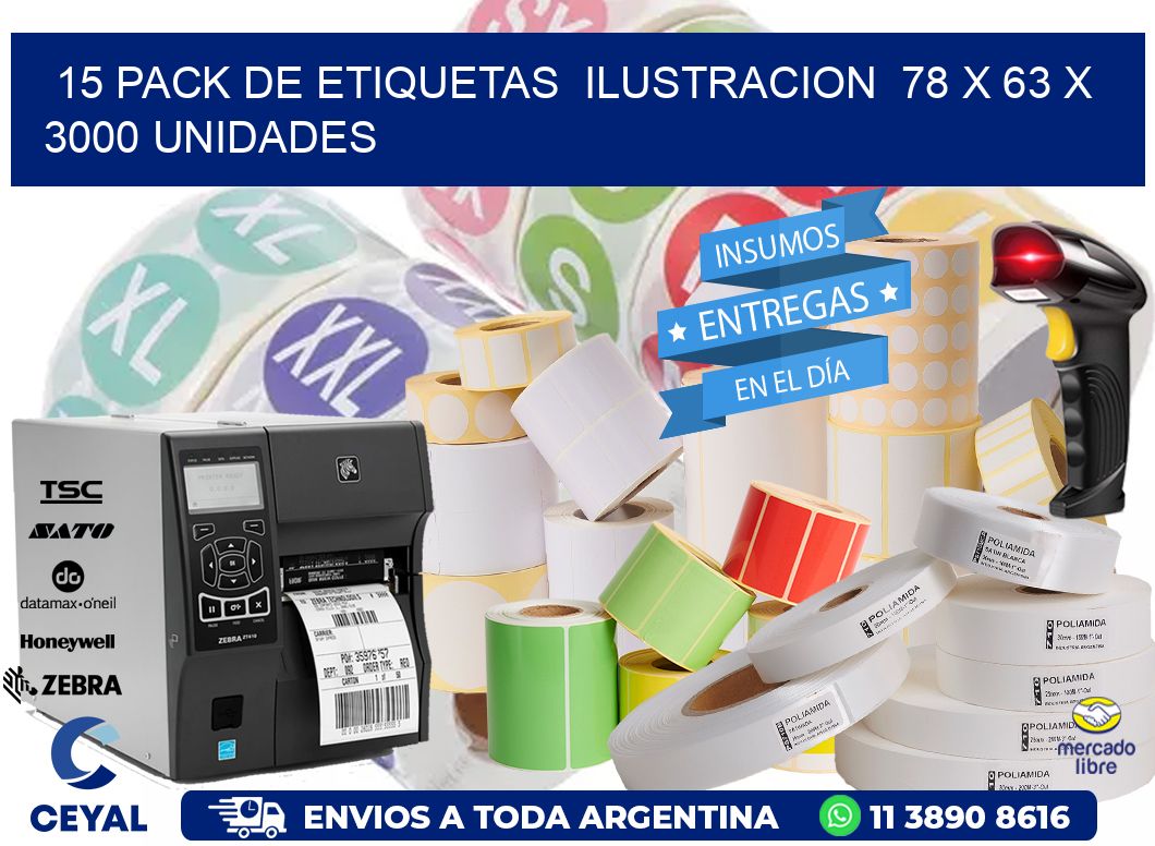 15 PACK DE ETIQUETAS  ILUSTRACION  78 x 63 X 3000 UNIDADES