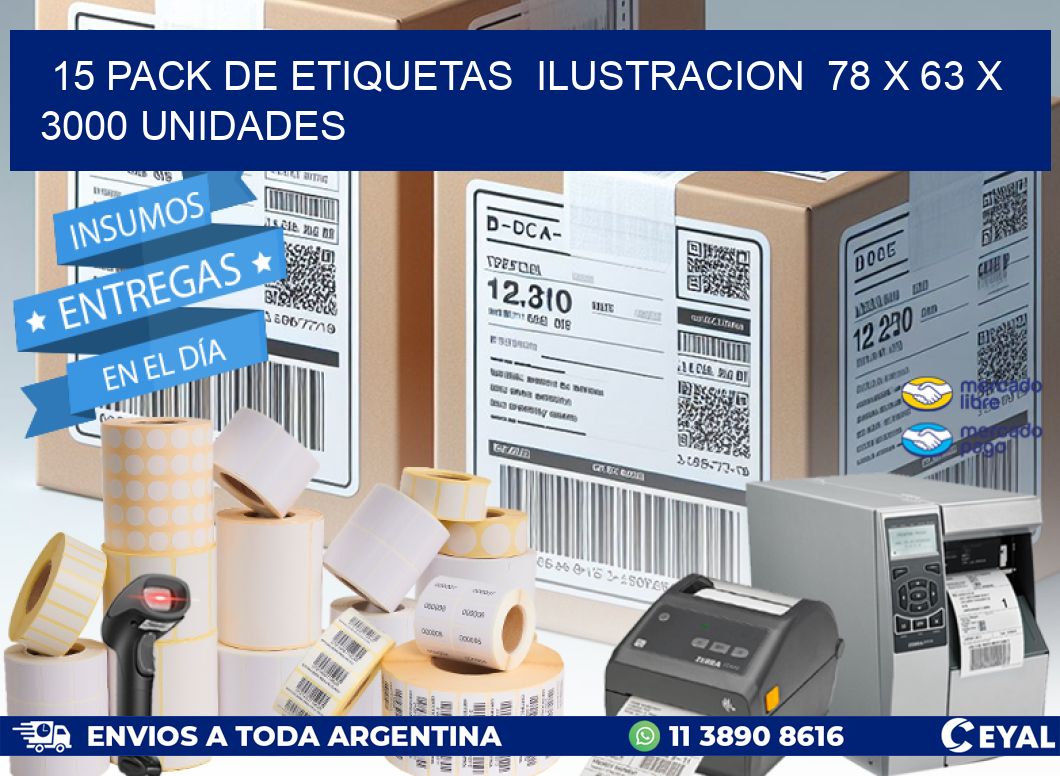 15 PACK DE ETIQUETAS  ILUSTRACION  78 x 63 X 3000 UNIDADES