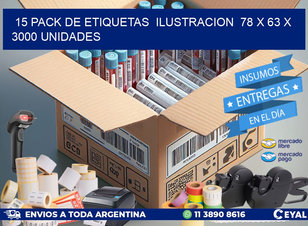 15 PACK DE ETIQUETAS  ILUSTRACION  78 x 63 X 3000 UNIDADES