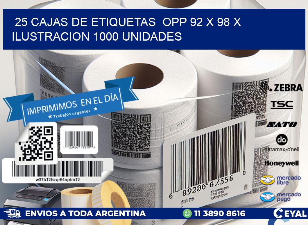 25 CAJAS DE ETIQUETAS  OPP 92 x 98 X ILUSTRACION 1000 UNIDADES