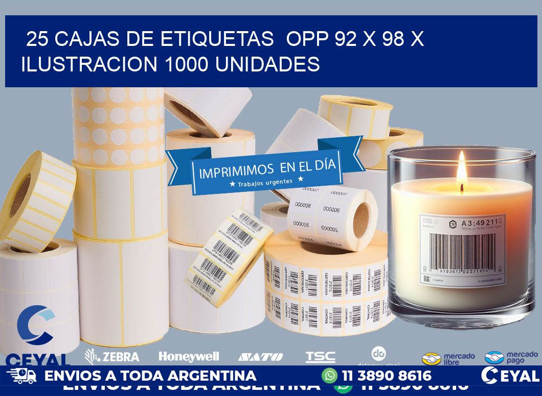 25 CAJAS DE ETIQUETAS  OPP 92 x 98 X ILUSTRACION 1000 UNIDADES