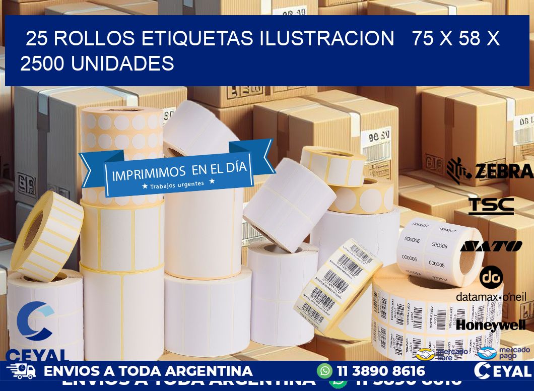 25 ROLLOS ETIQUETAS ILUSTRACION   75 x 58 X 2500 UNIDADES