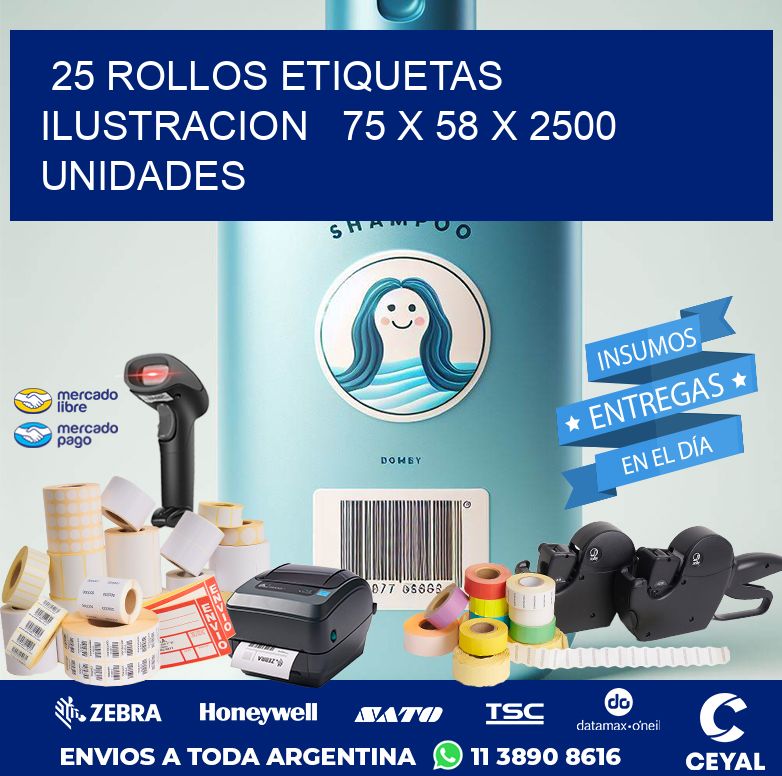 25 ROLLOS ETIQUETAS ILUSTRACION   75 x 58 X 2500 UNIDADES