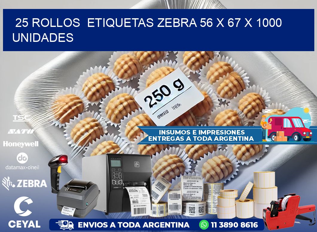 25 ROLLOS  ETIQUETAS ZEBRA 56 x 67 X 1000 UNIDADES